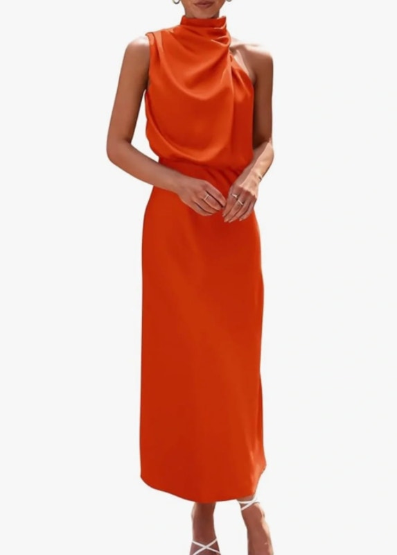 Prettygarden Satin Mock Neck Maxi Dress Xl Orange Wedding Guest Cocktail Nwtuest